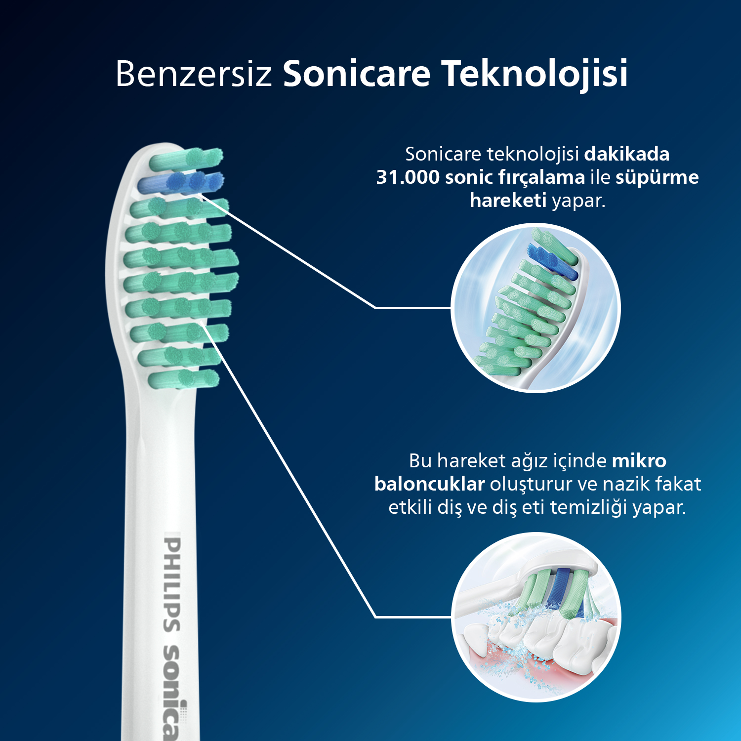 Mavi ve yeşil kıllı beyaz bir Philips Sonicare diş fırçası başlığı.