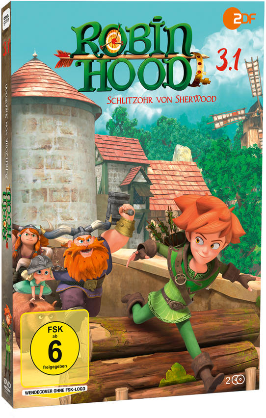 DVD-Cover für einen Robin Hood-Zeichentrickfilm. Enthält Charaktere und Titeltext. Lebendige Farben und Cartoon-Stil.