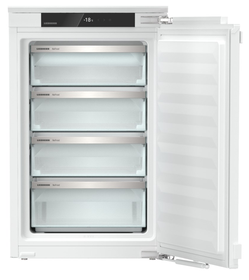 Fehér hűtőszekrény, négy nyitott fiókkal. A felső panelen a hőmérséklet látható.