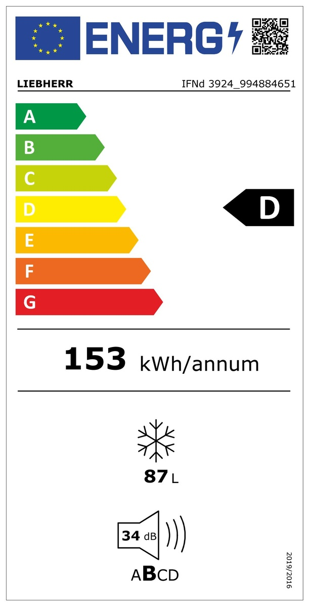 Energia címke egy Liebherr hűtőszekrényhez. 'D' energiaosztály, '153 kWh/év' és '87 L' kapacitás.