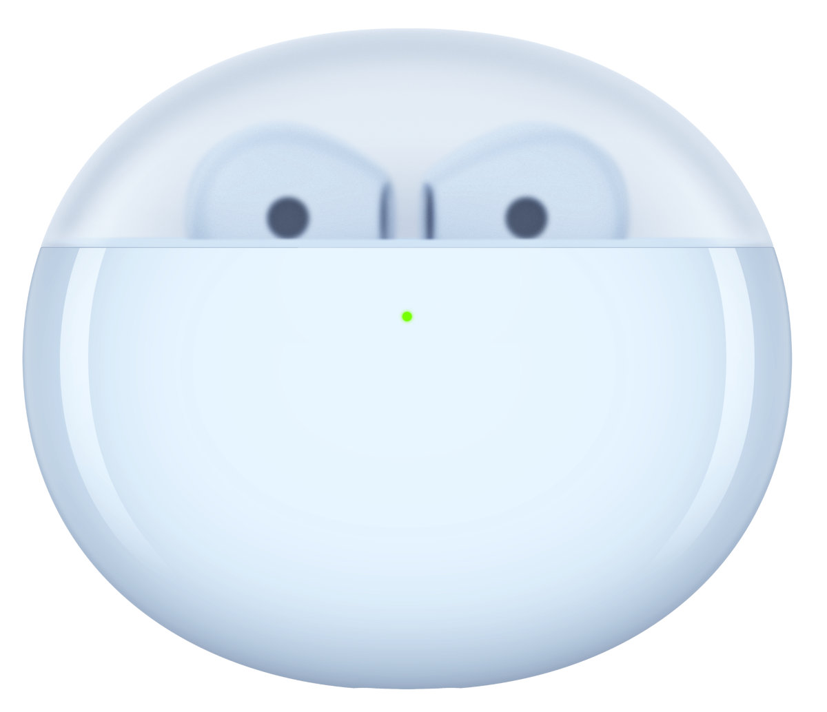 Niebieskie słuchawki w etui ładującym. Etui jest owalne i podzielone na dwie części. Zielone światło.