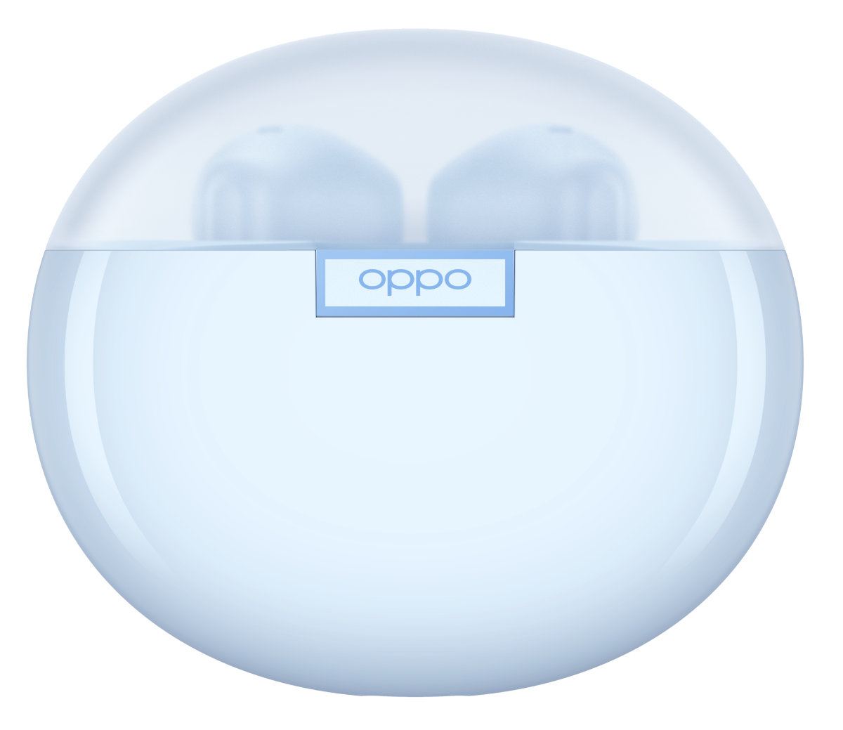 Jasnoniebieskie słuchawki Oppo w okrągłym etui ładującym.