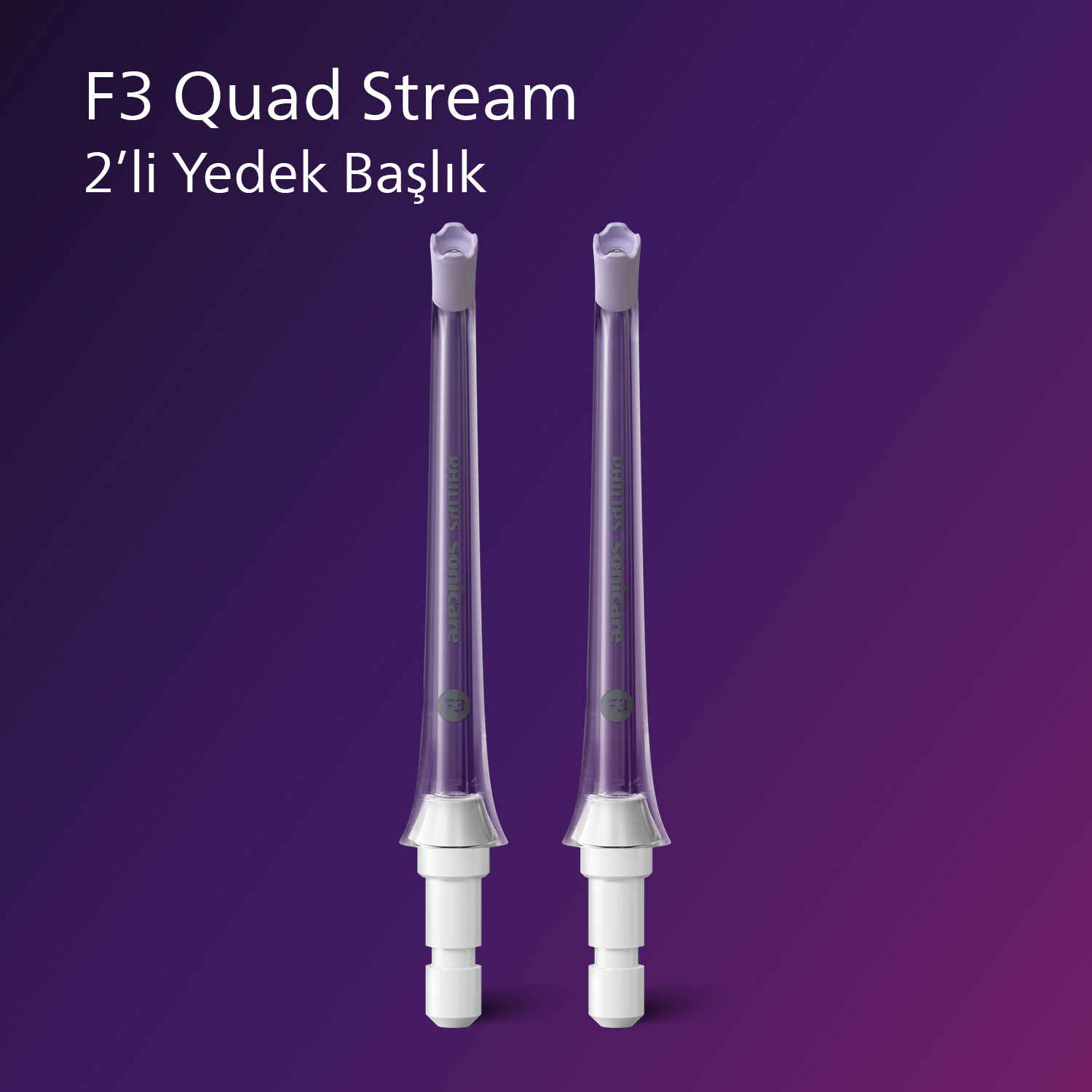 İki şeffaf yedek diş fırçası başlığı. Mor arka plan. İngilizce metin.