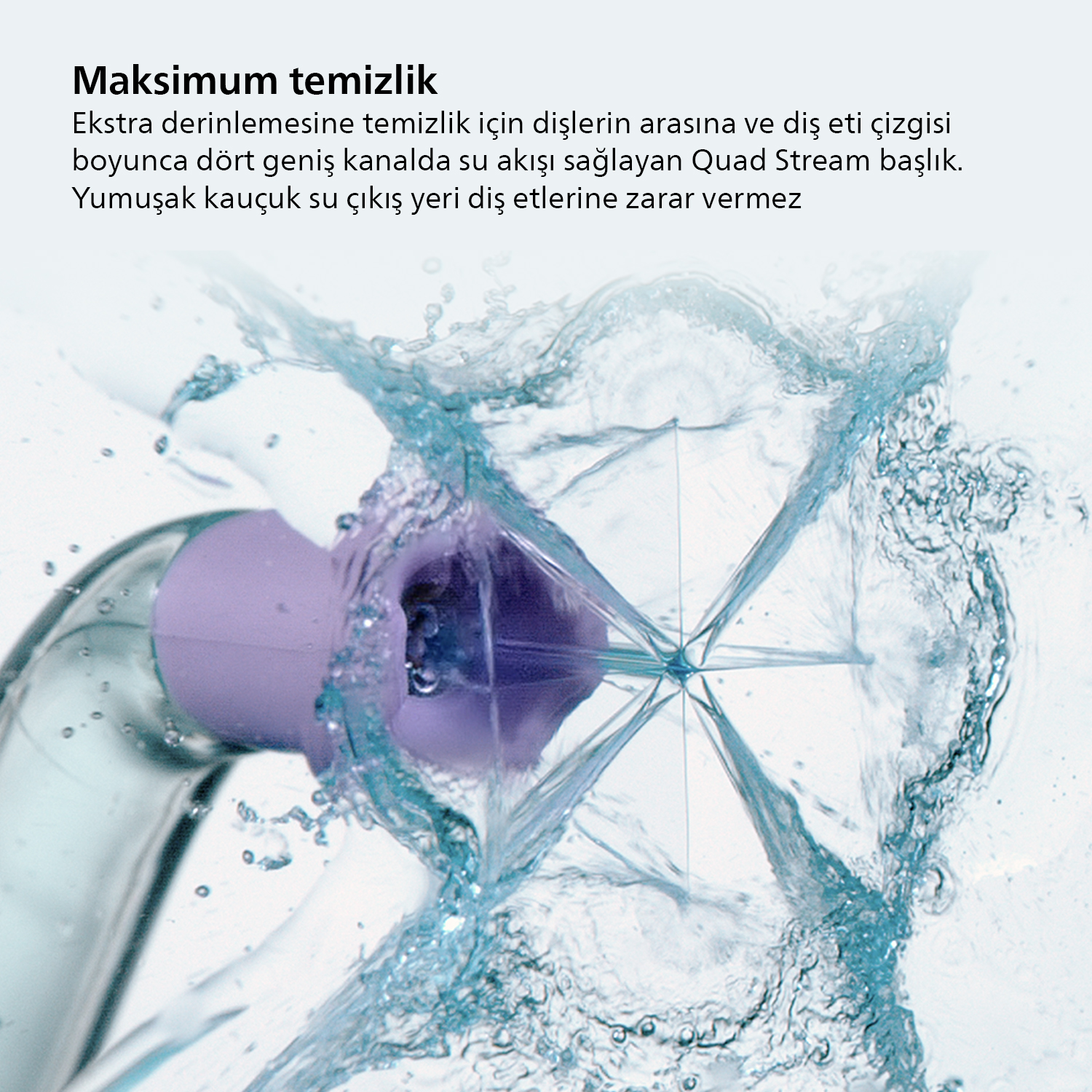 Stilize bir görüntüde, etrafında su sıçrayan bir diş fırçası başlığının yakın çekimi.