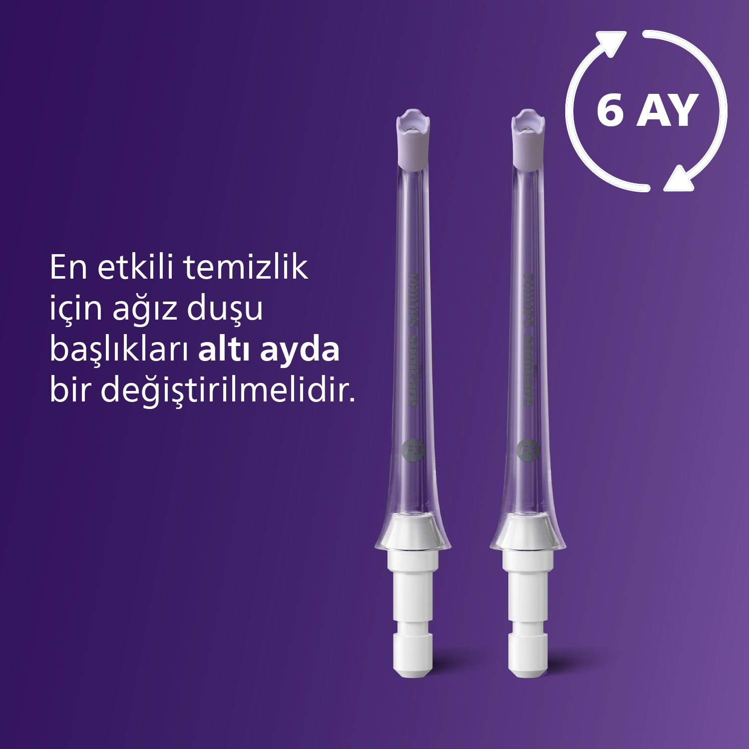 Mor bir arka plan üzerinde iki Philips Power Flosser yedek başlığı ve değiştirme hakkında metin.