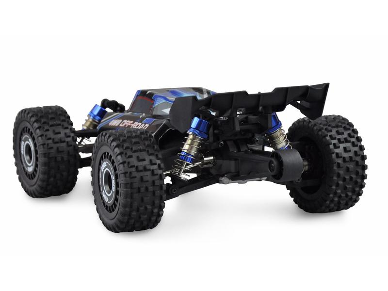 Un'auto RC fuoristrada. Ruote e carrozzeria nere con dettagli blu. L'auto è su sfondo bianco.