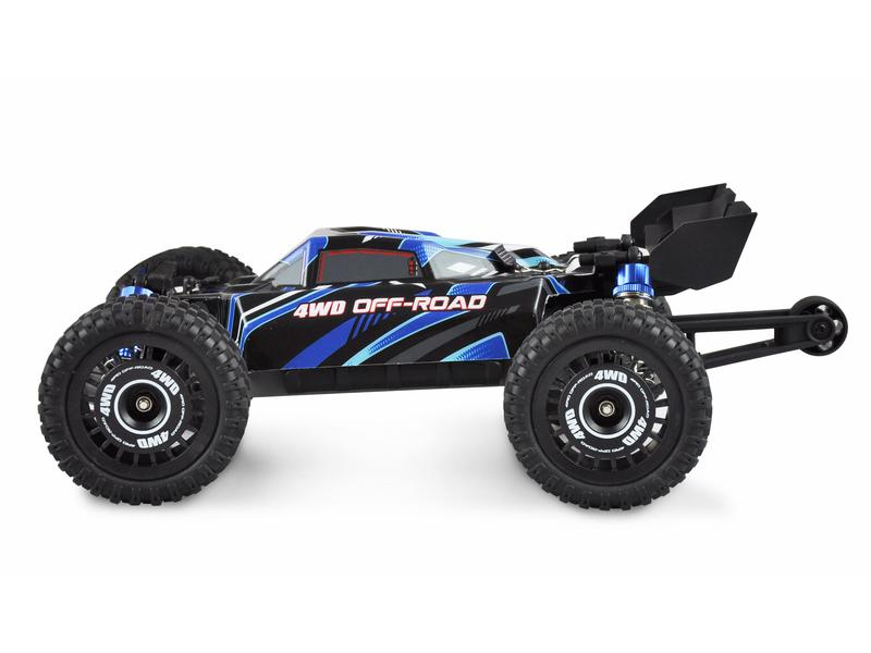 Un'auto RC fuoristrada 4WD nera e blu. Ha grandi ruote nere e uno spoiler. L'auto è su sfondo bianco.