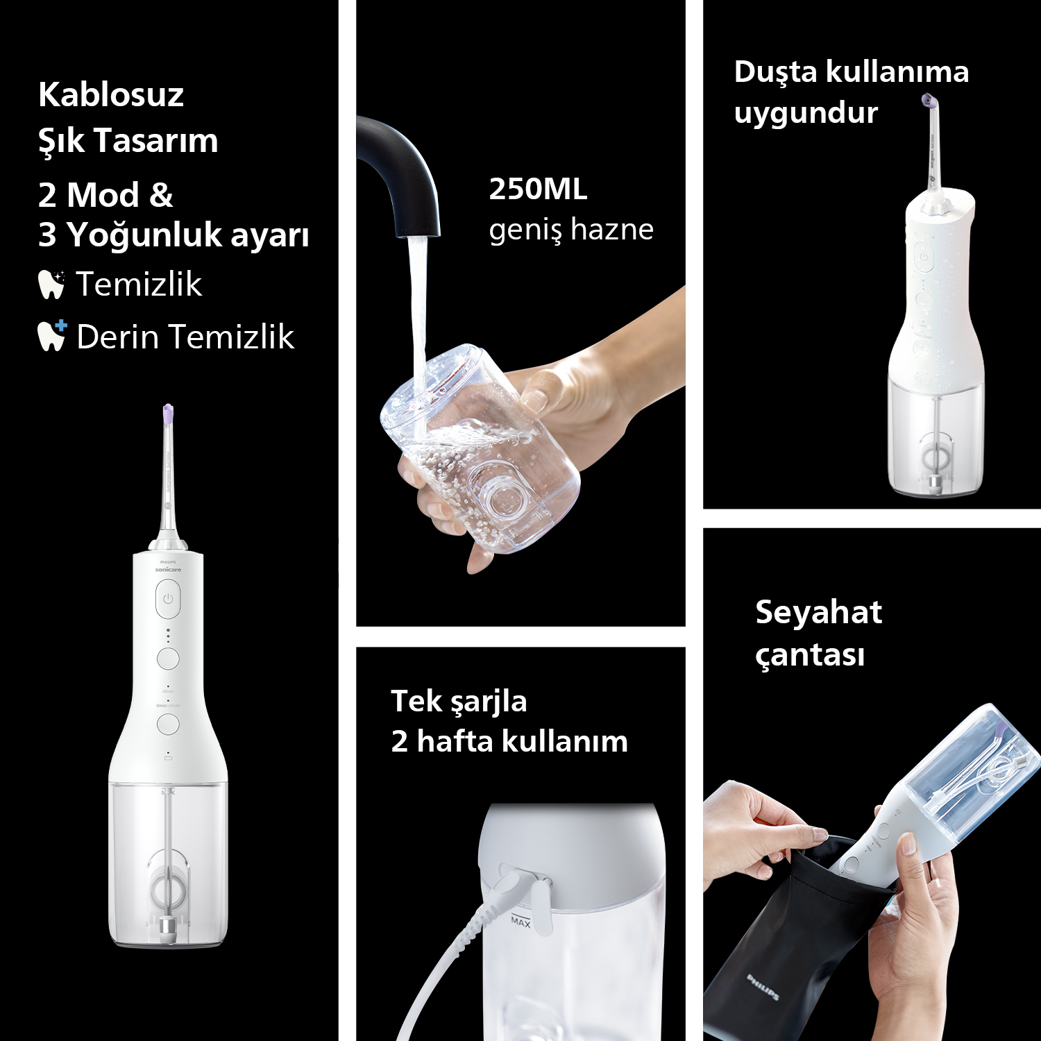 Philips Power Flosser, aksesuarları ve kullanım senaryolarını gösteren bir resim kolajı.