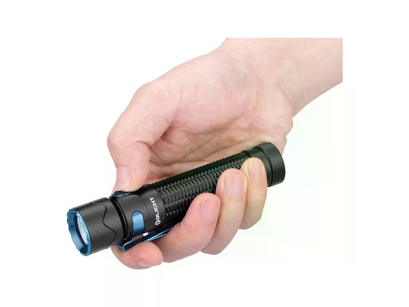 Hand, die eine schwarze und tealfarbene Taschenlampe hält. Weißer Hintergrund.