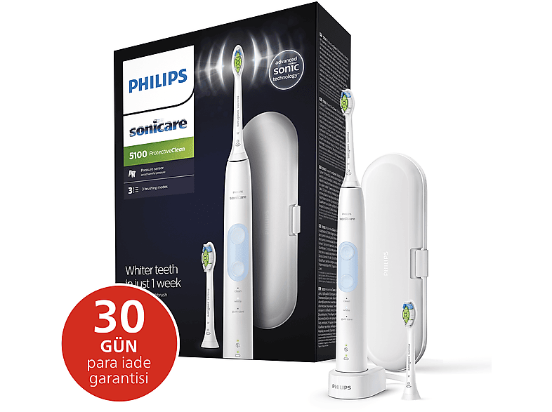 PHILIPS Sonicare Protective Clean 5100 Şarjlı Diş Fırçası, Seyahat Kabı, Yedek Başlık - Beyaz HX6859/29