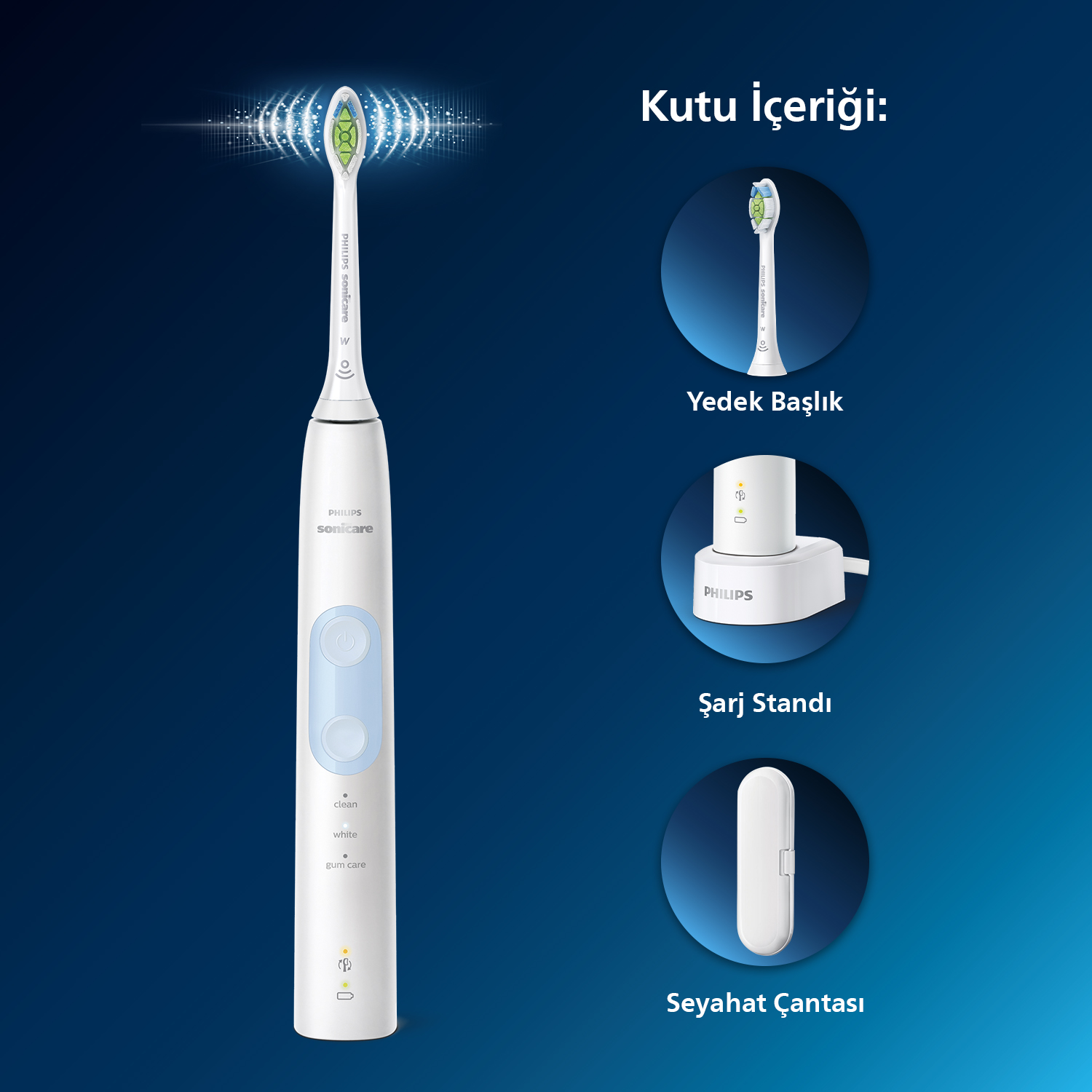 Philips Sonicare diş fırçası, şarj istasyonu ve seyahat çantası.