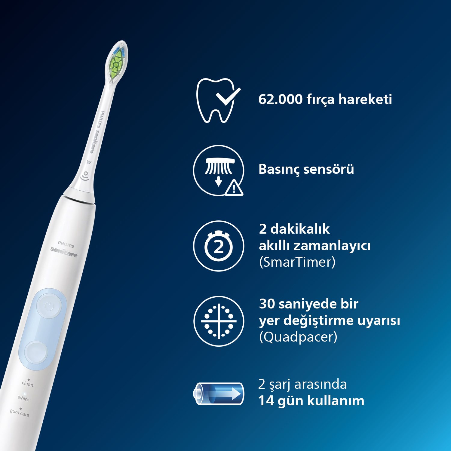 Beyaz diş fırçası, mavi düğmeler ve yeşil kıllar. Fırça özellikleri metni.