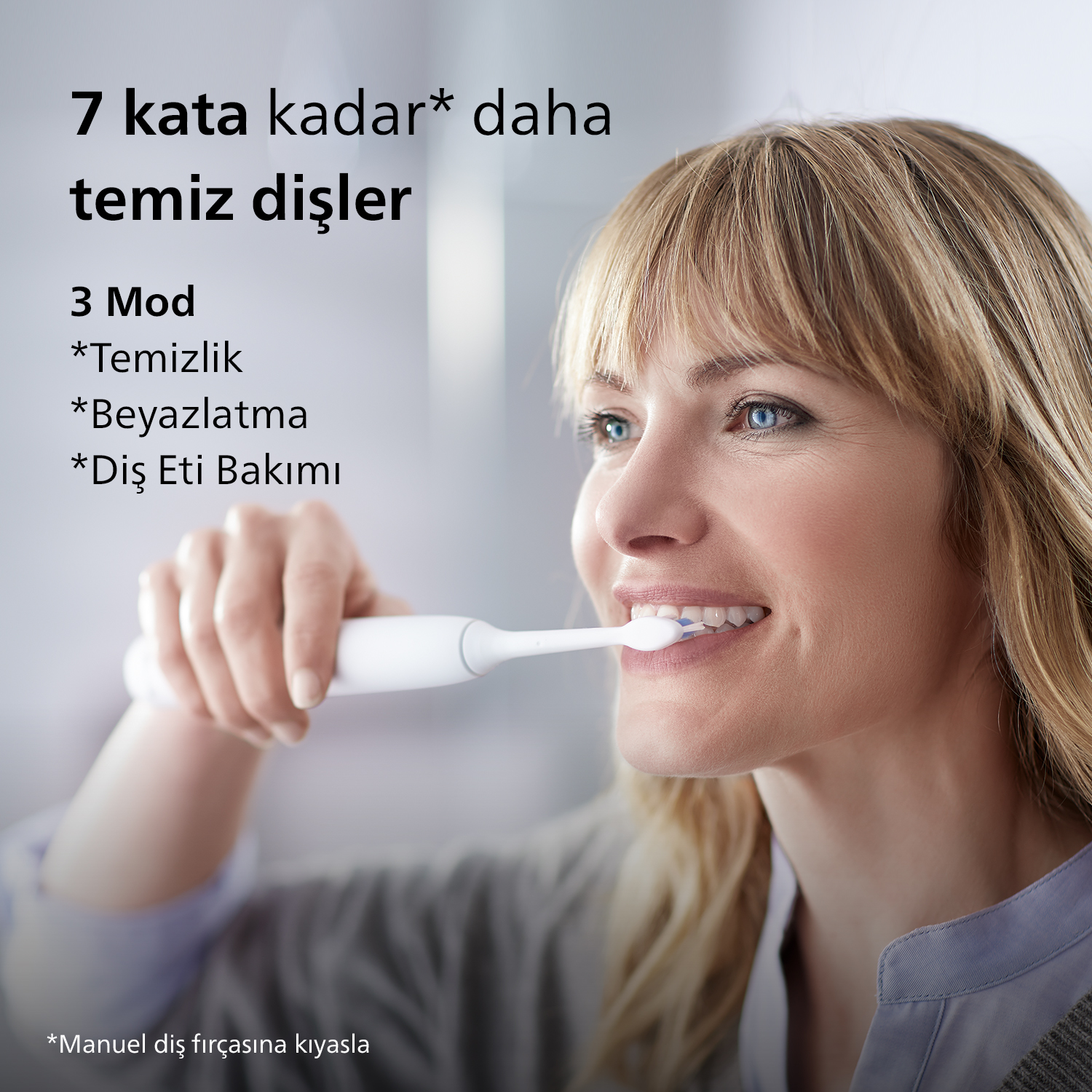 Kadın elektrikli diş fırçasıyla dişlerini fırçalıyor. Metinde temizlik, beyazlatma ve diş eti bakımı belirtiliyor.