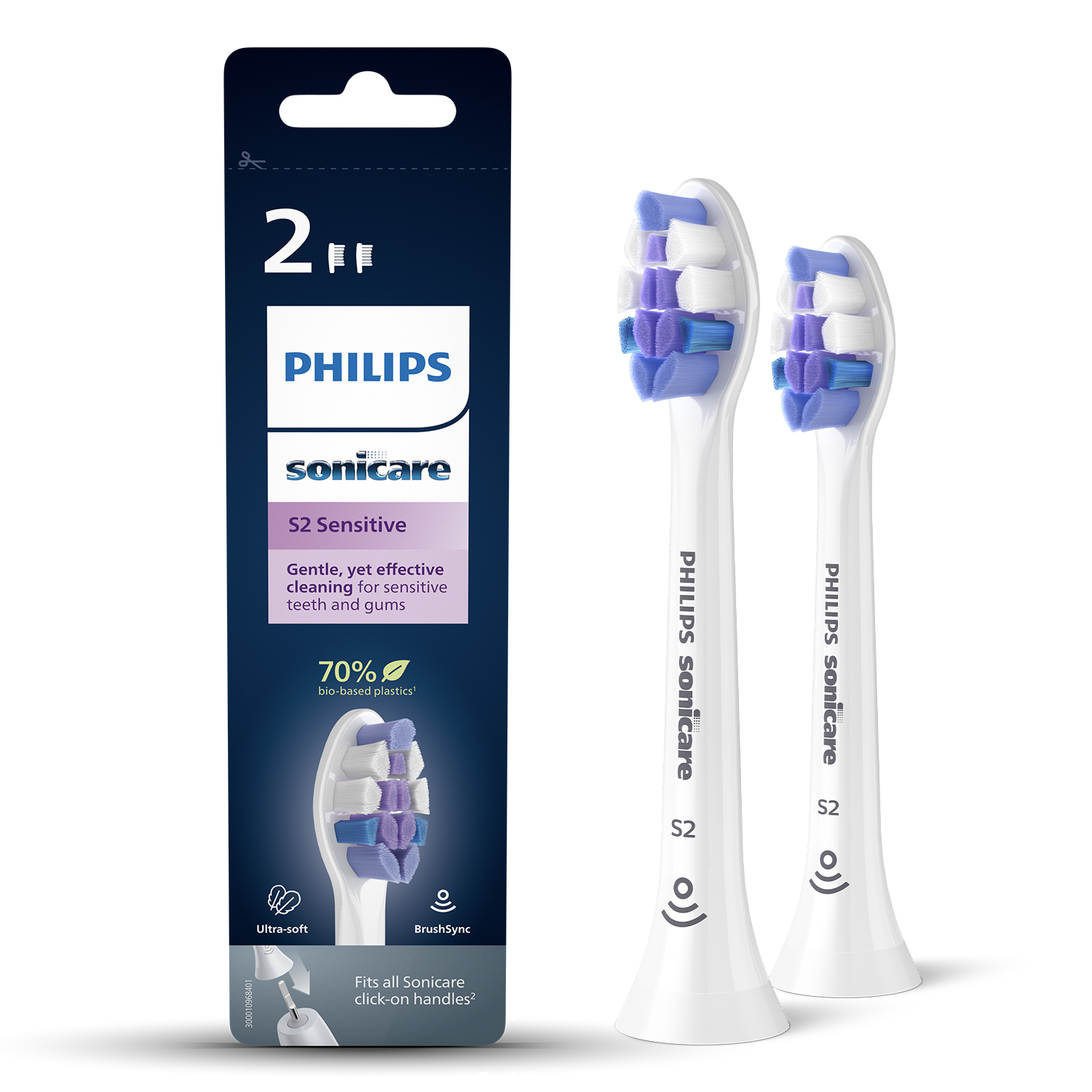 İki Philips Sonicare S2 Sensitive fırça başlığı. Mavi ve mor kıllı beyaz.