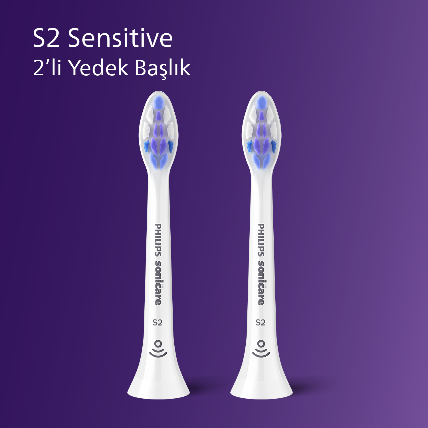 İki beyaz Philips Sonicare diş fırçası başlığı. Mor ve mavi vurgulara sahip başlıklar.
