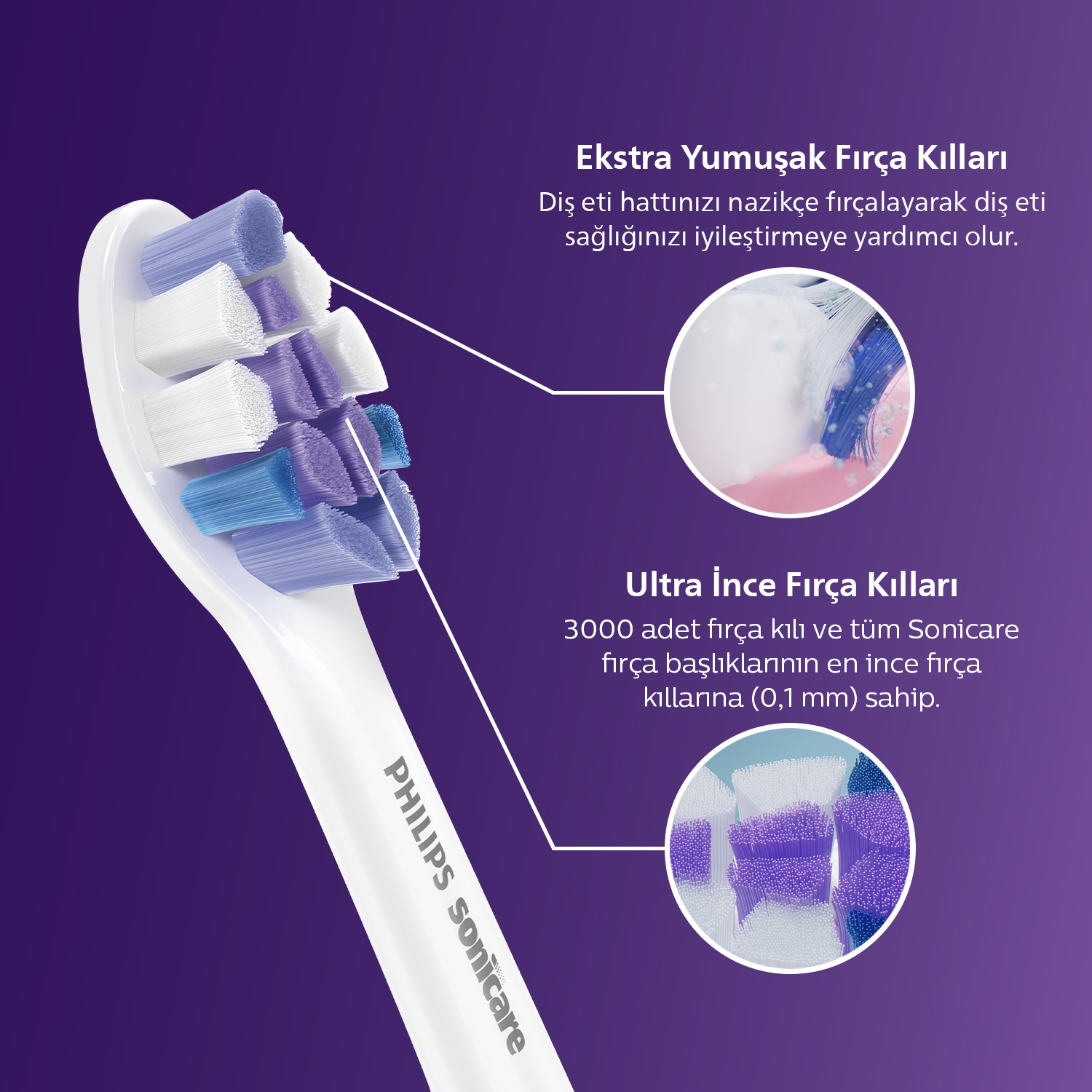 Philips Sonicare diş fırçası başlığının yakın çekimi, kılları ve detayları gösteriyor.