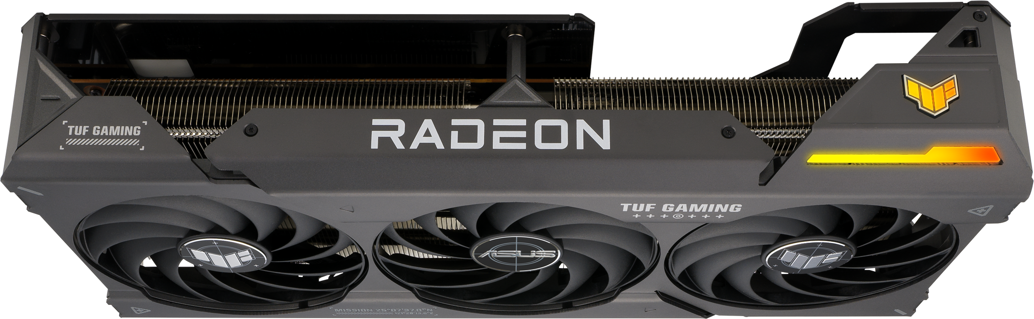 Grafikkarte mit drei Lüftern und Radeon- und ASUS TUF Gaming-Logos.