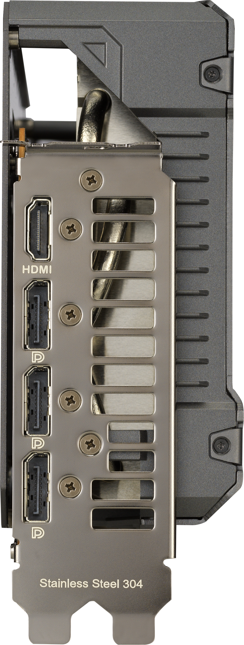 Grafikkarten-Seitenansicht mit Anschlüssen: HDMI und DisplayPorts. Edelstahl-Label.
