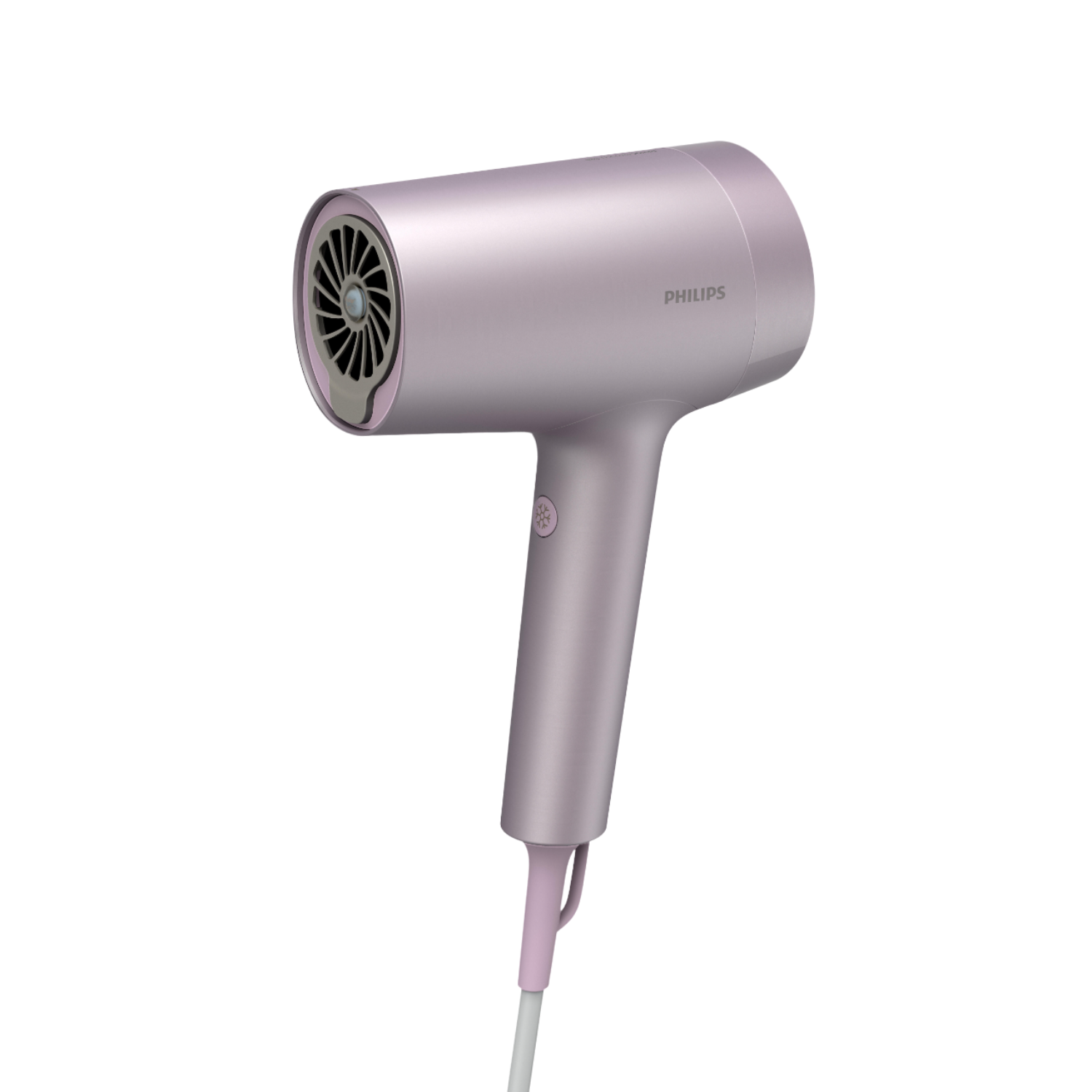 A pink hairdryer with a pink cord on a black background.