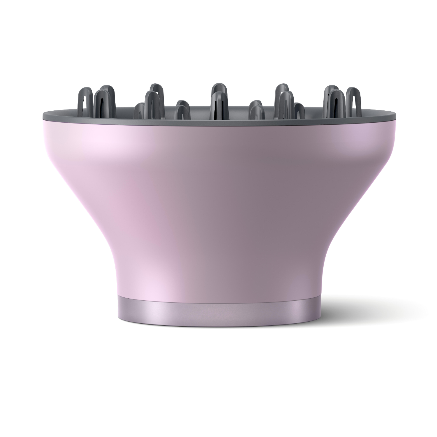 Pink hair dryer diffuser, rounded shape, gray accents, on white background.