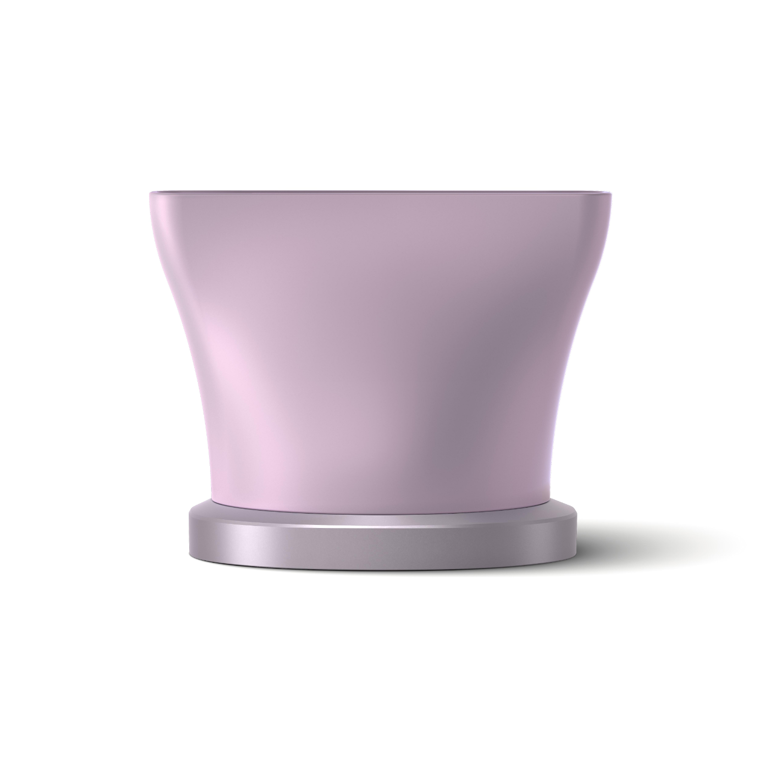A pink, cylindrical vase on a silver circular base, set against a white background.