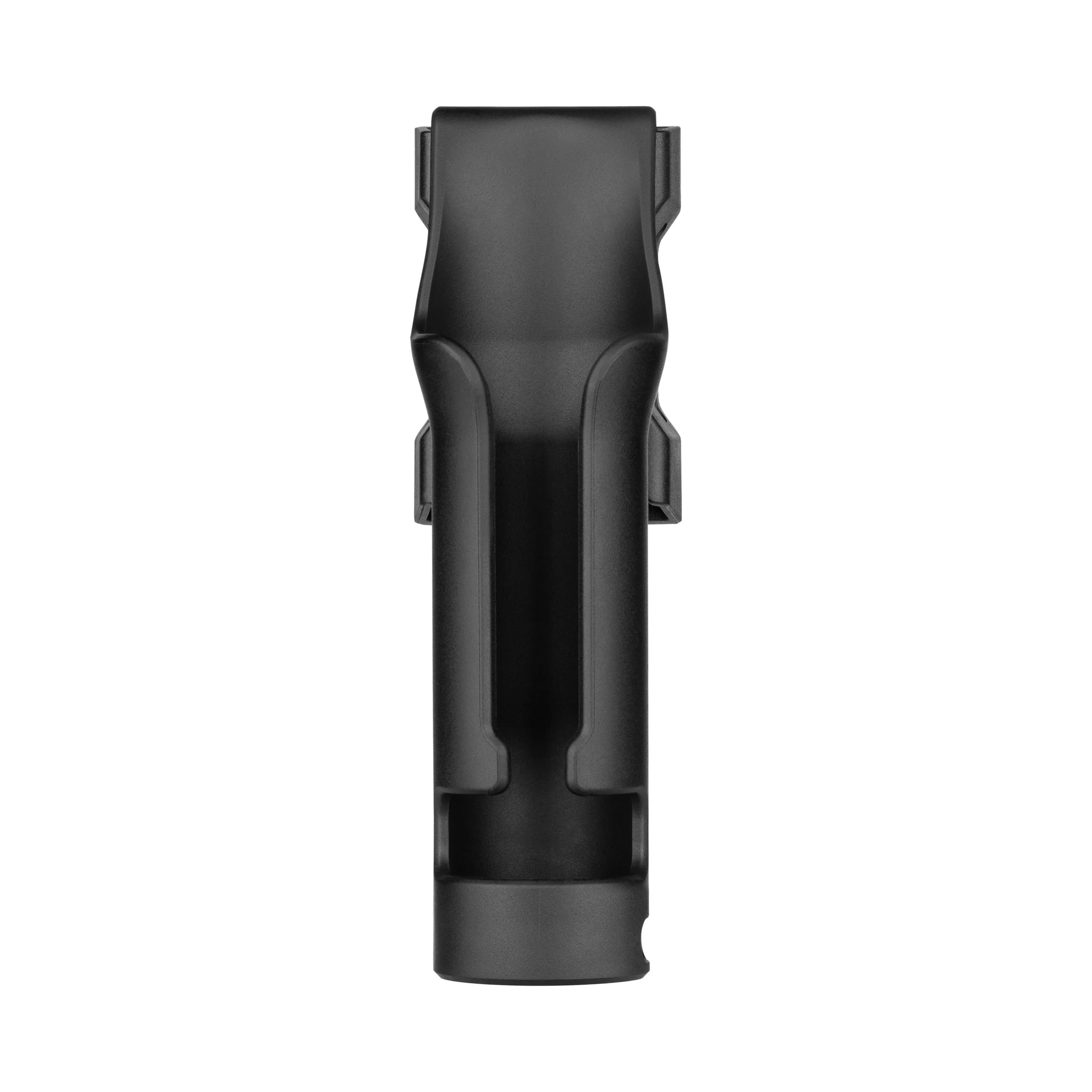 Ein schwarzes Holster, das einen Gegenstand halten soll, vor weißem Hintergrund.