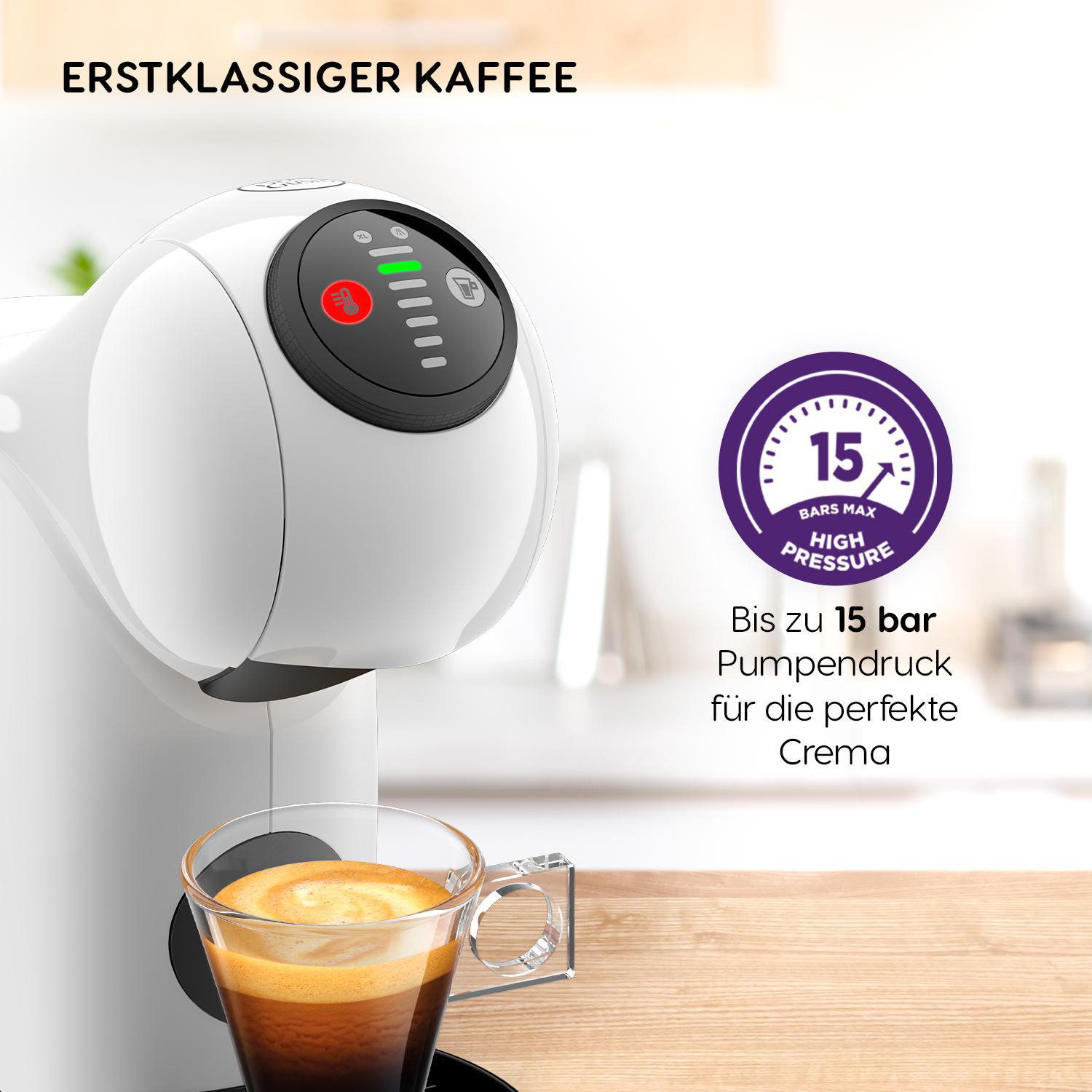 Eine Kaffeemaschine mit einer Tasse Espresso und einem lila Kreis mit Text wird angezeigt. Die Maschine ist weiß.