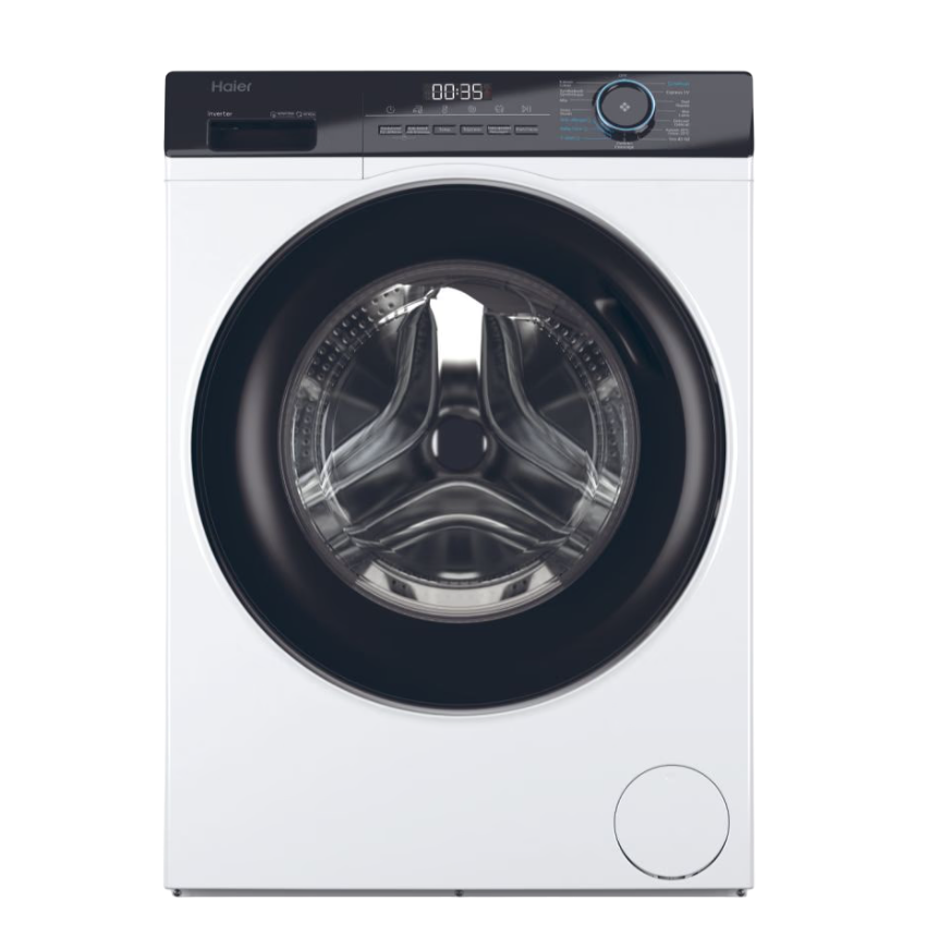 Eine weiße Waschmaschine mit schwarzer Tür, Bedienfeld und rundem Fenster.