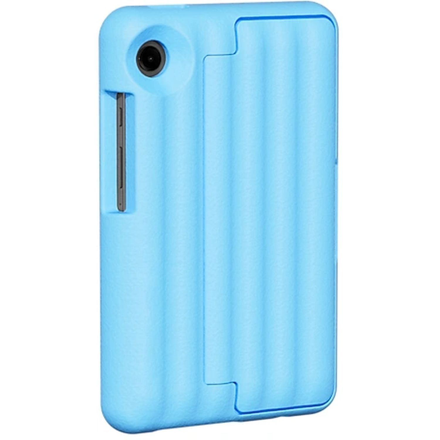 Light blue camera with a black lens and a side door open. It has a rounded rectangle shape.