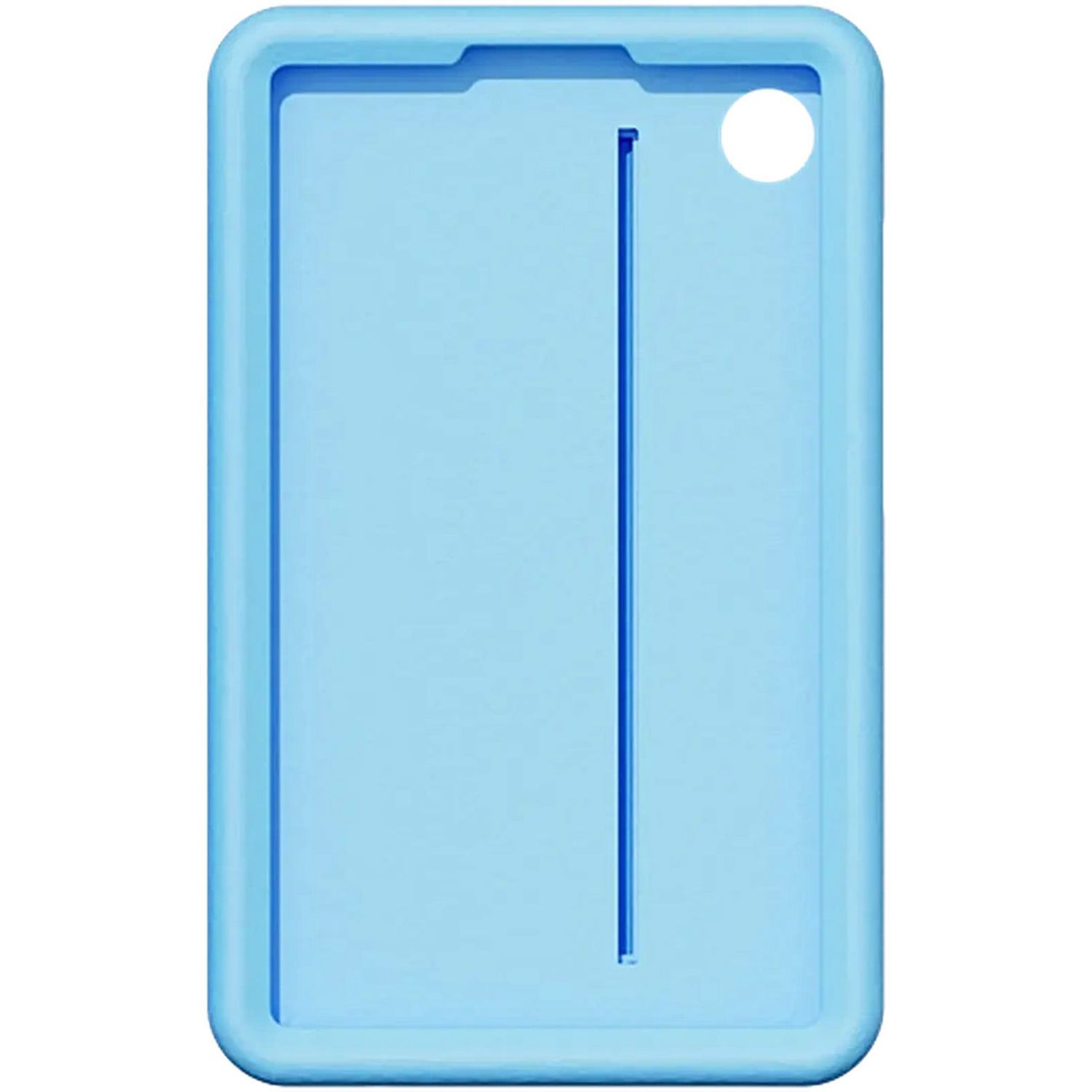 A light blue tablet-shaped case with a dark blue stripe and a camera hole, for a tablet.