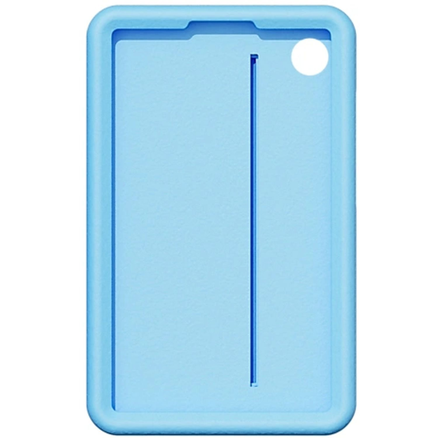 A light blue tablet case with a slot and a hole on a white background.