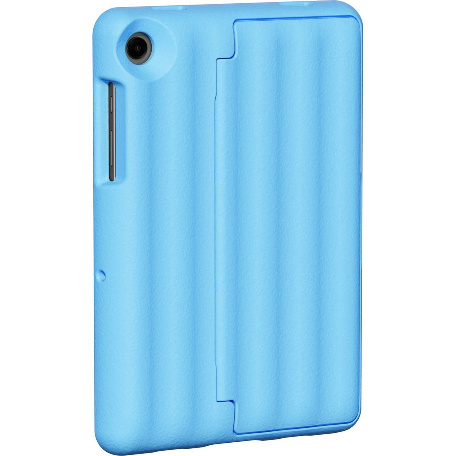 A blue tablet case with a cover open, showing the tablet's side.