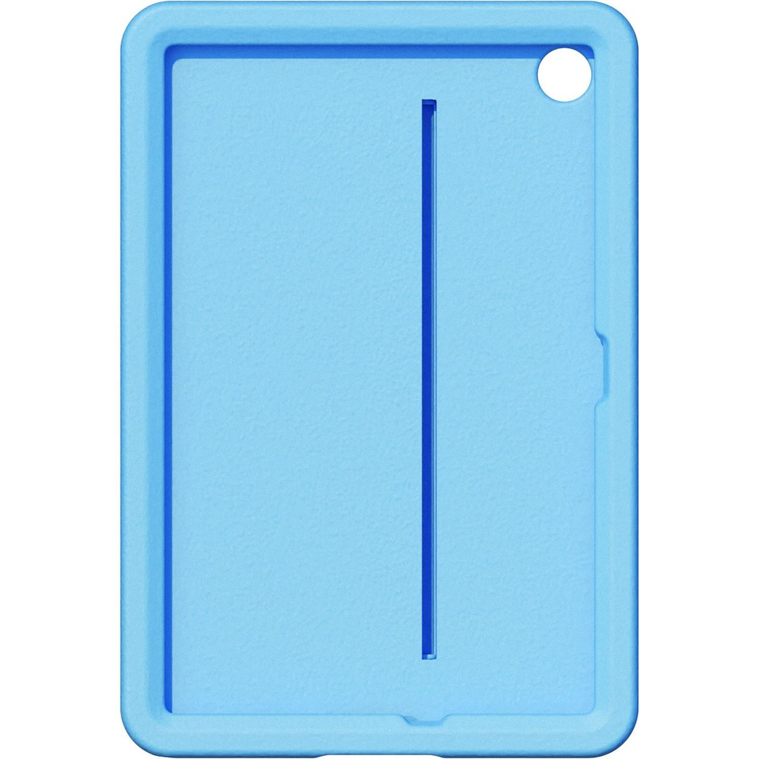 Light blue tablet case with a vertical cut-out and a hole.