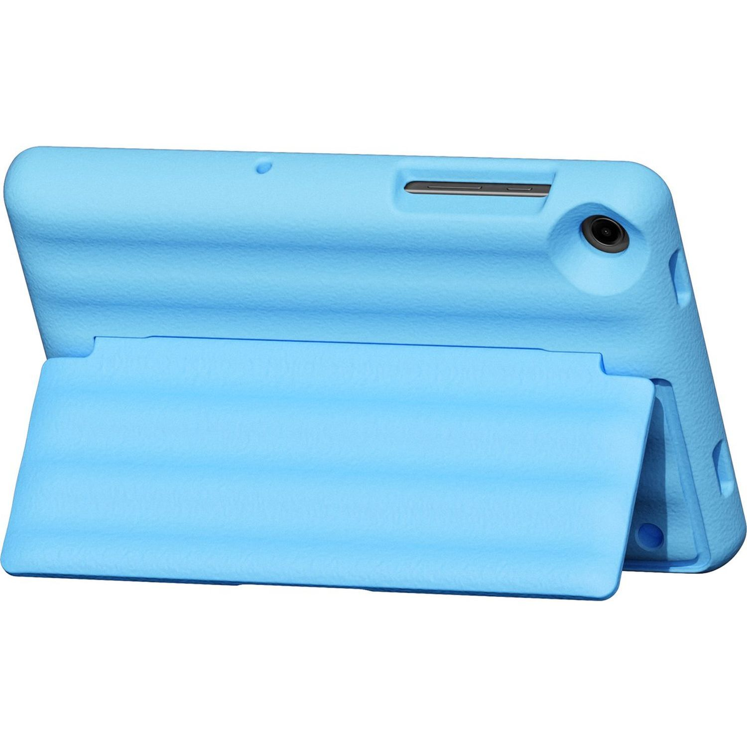 Blue tablet case with a stand. Shows the back of the case with a camera and button holes.