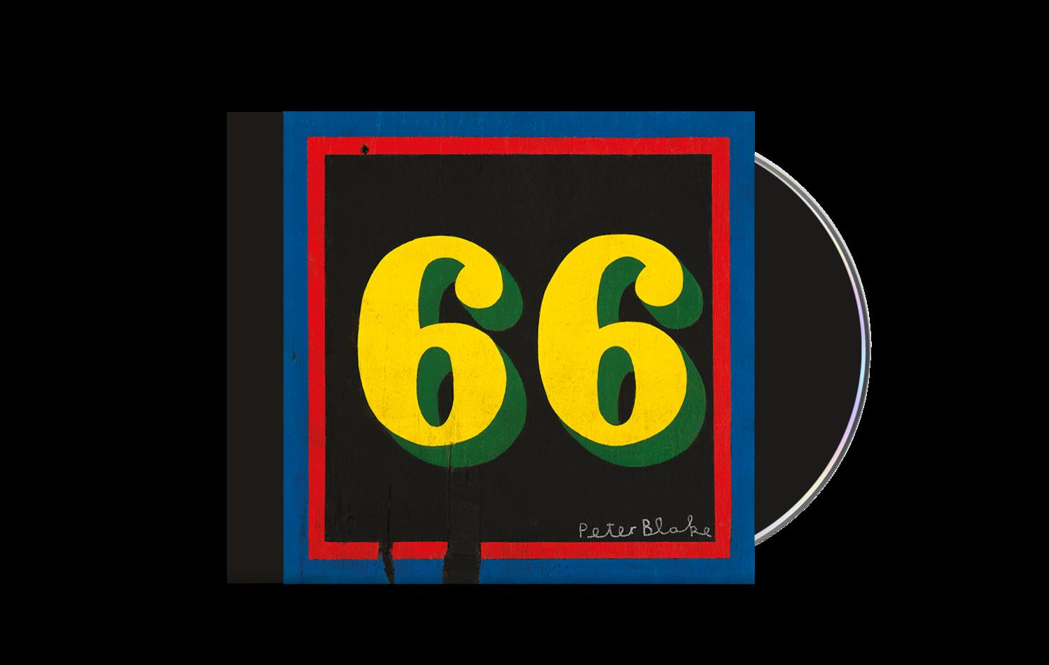 Albumcover: Gelbe '66' auf Schwarz, roter und blauer Rahmen, mit Peter Blake Signatur.