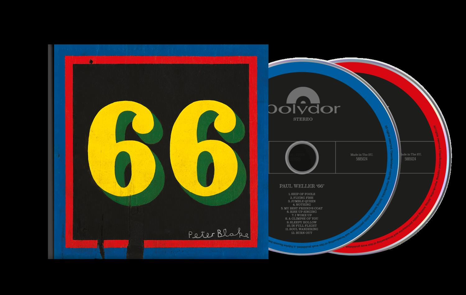 Albumcover. Eine schwarze, rote, gelbe und blaue Grafik mit '66' und 'Peter Blake'.