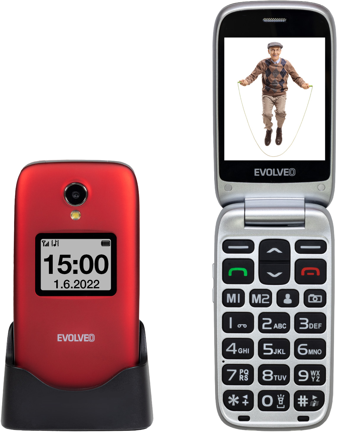 Piros kagylótelefon, a képernyőn az idő és a dátum látható. Nyitva, egy férfi ugrálókötéllel.