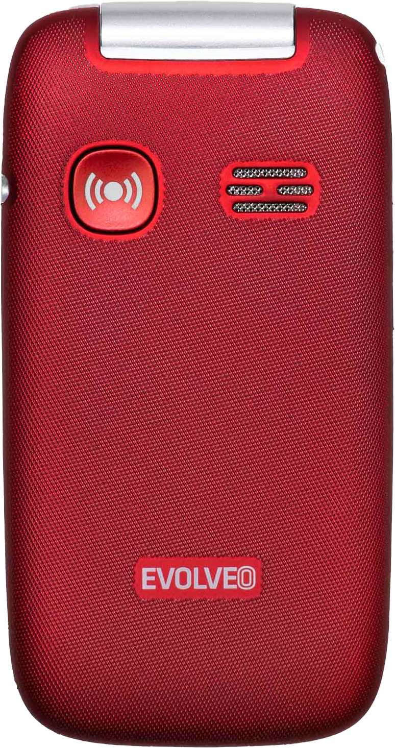 Piros kagylótelefon vezeték nélküli töltéssel és hangszóróval. Evolveo logó elöl.