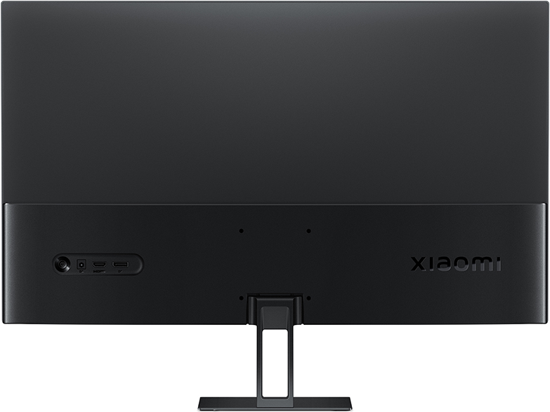 Fekete számítógép monitor. Hátsó nézet portokkal és a Xiaomi logóval. Fehér háttér.