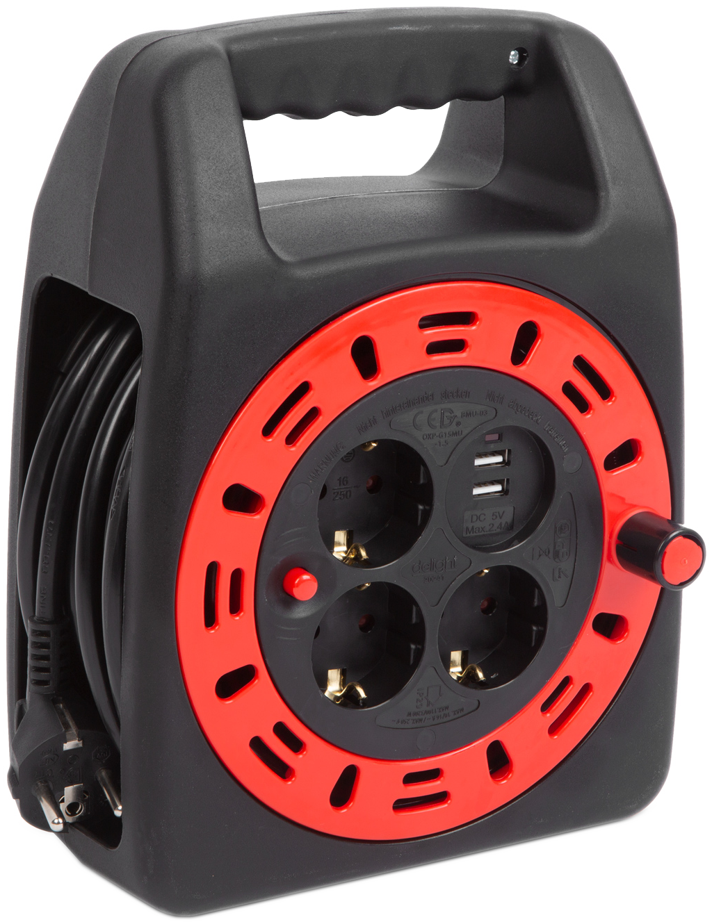 DELIGHT Kábeldob műa. tartóval, 15 m kábellel, 2x USB, 3 x 230V, 3x1,5 mm2, IP20 (20241)