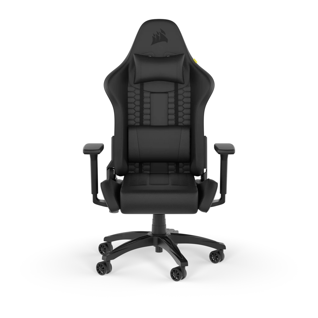 Fekete gamer szék fejtámlával, kartámaszokkal. Fekete talppal és kerekekkel.