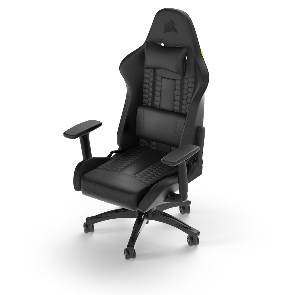 Fekete gamer szék fejtámlával és karfákkal. Corsair logó van a fejtámlán.