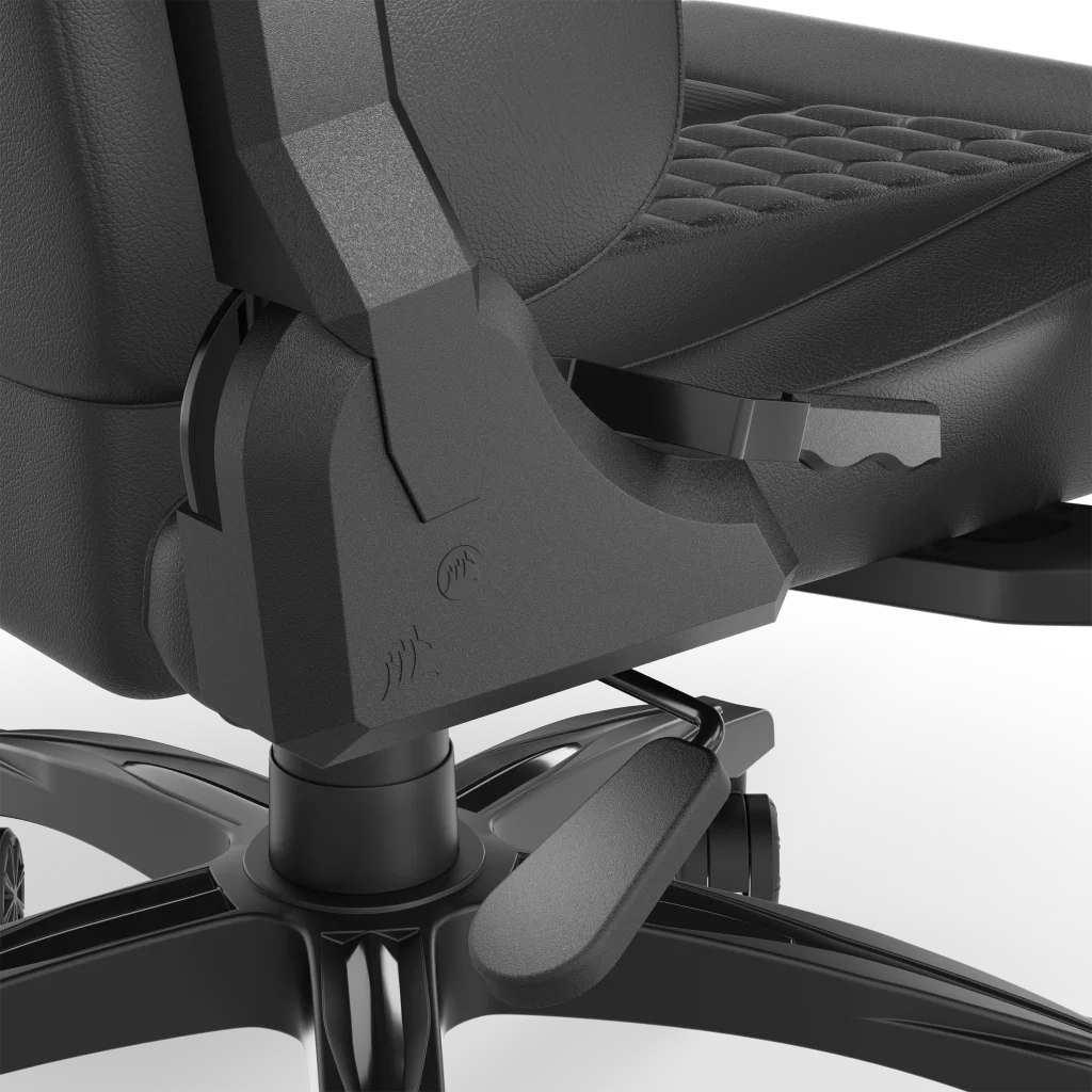 Fekete irodai szék alapjának és mechanizmusának közeli képe.