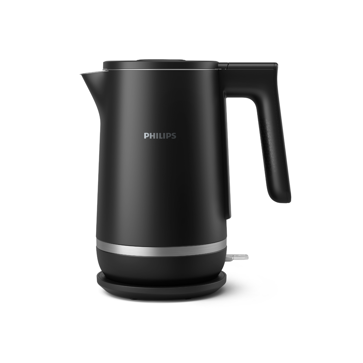 A black electric kettle on a white surface.