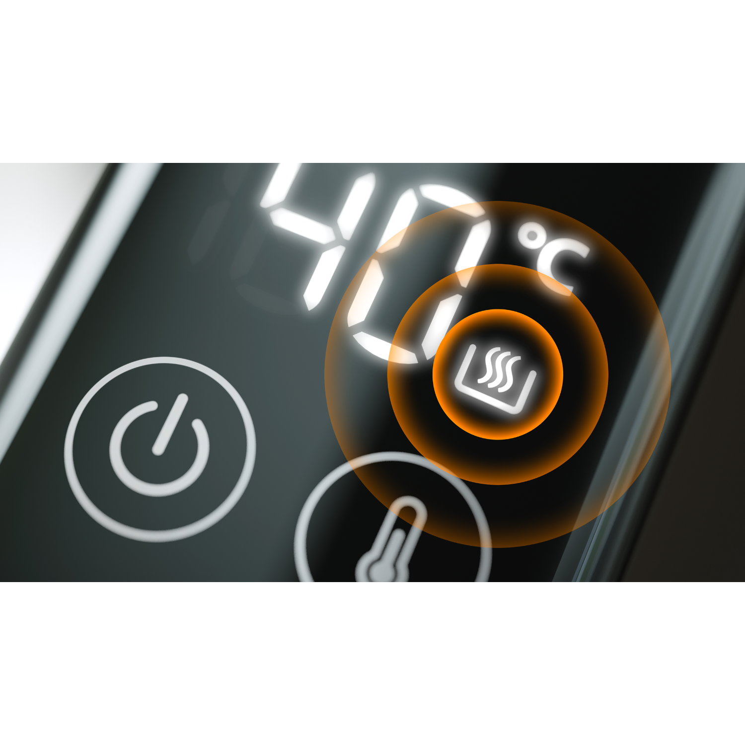 Close-up of a kettle control panel, showing power, temperature, and a steaming icon.