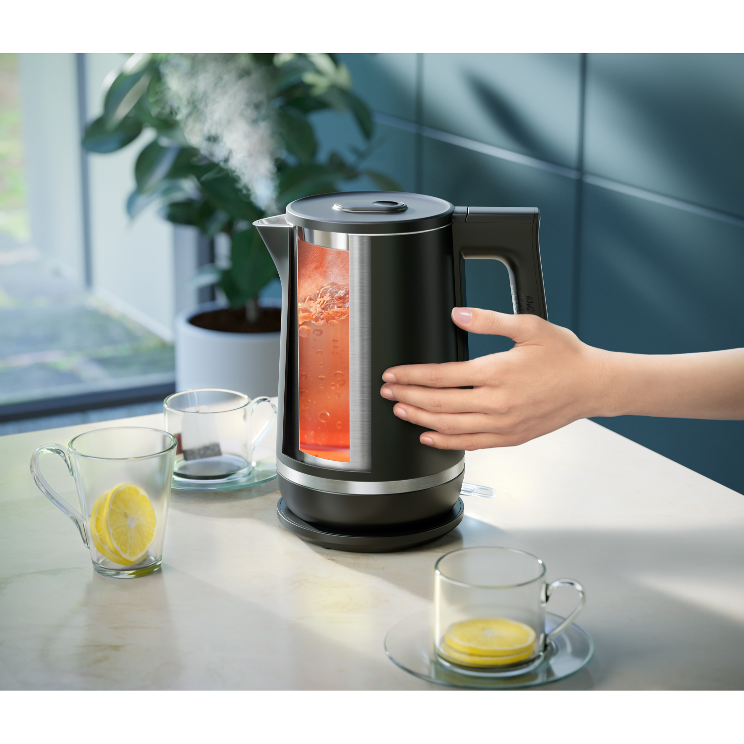 Hand holding a black electric kettle with tea inside.
