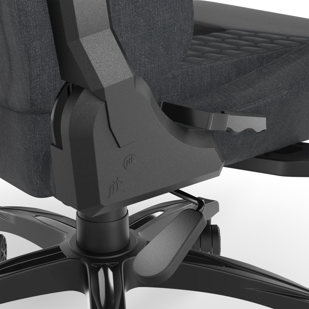 Közelkép egy irodai szék mechanizmusáról, a háttámla részleteivel.