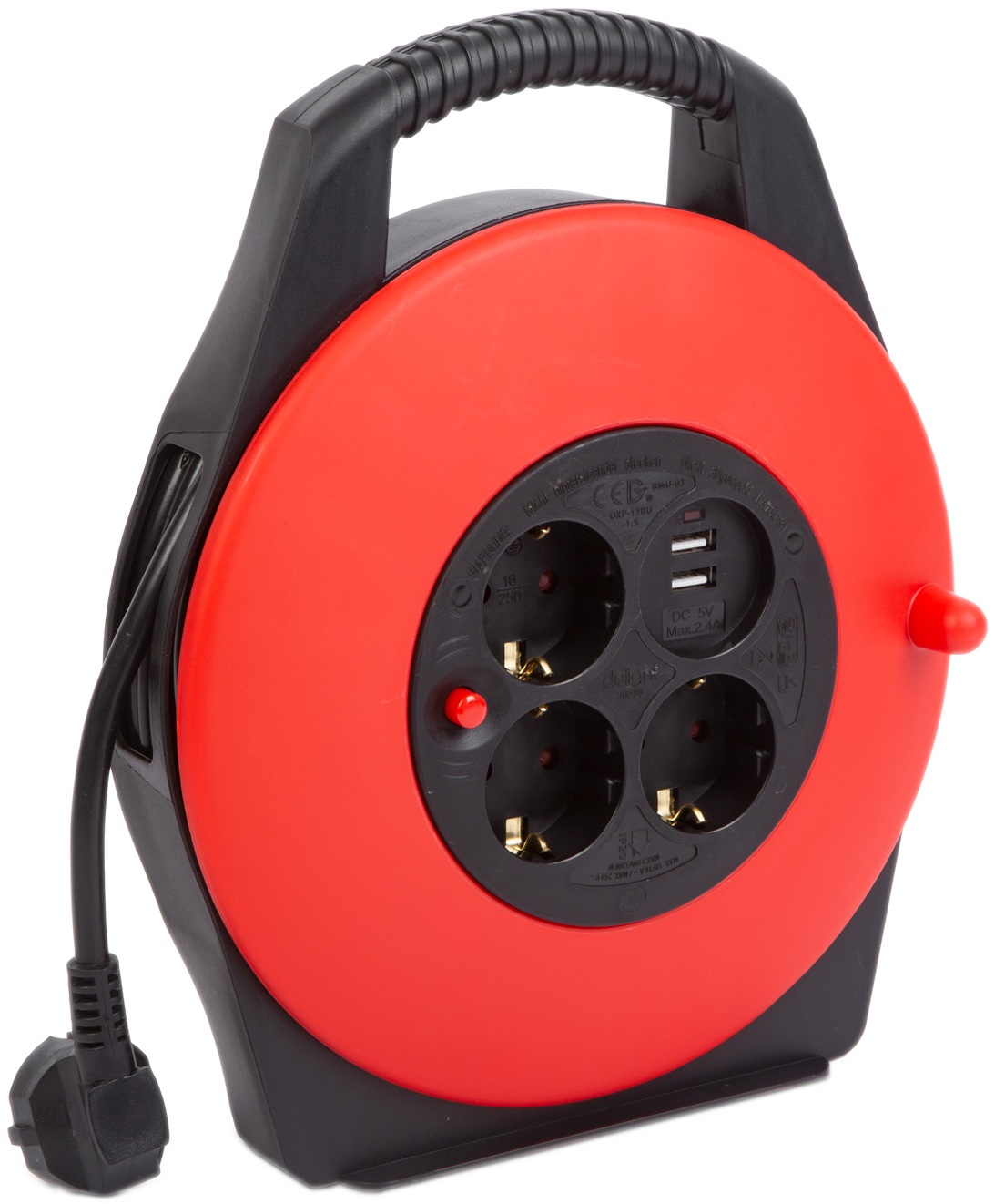 DELIGHT Kábeldob müa. tartóval, 10 m kábellel, 2x USB, 3 x 230V, 3x1,5 mm2, IP20 (20239)