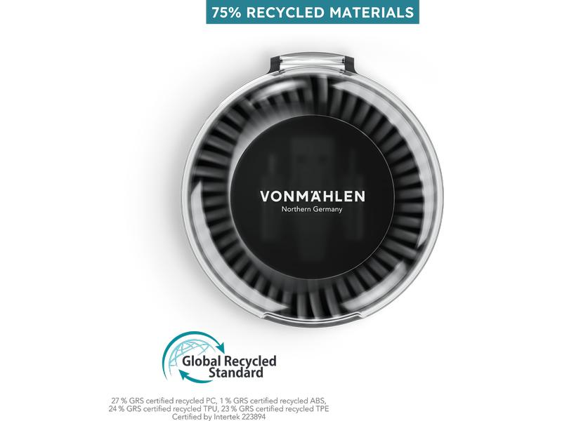 Schwarzer Lüfter mit transparenter Abdeckung, kreisförmig mit Text 'VONMÄHLEN Northern Germany' und einem Symbol.