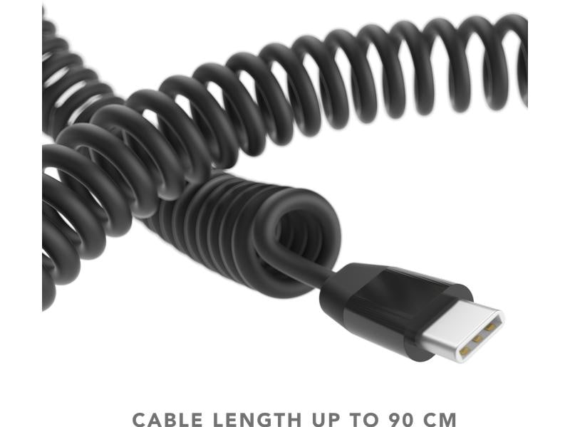 Ein schwarzes Spiralkabel mit USB-C-Anschluss vor weißem Hintergrund. Die Kabellänge beträgt bis zu 90 cm.